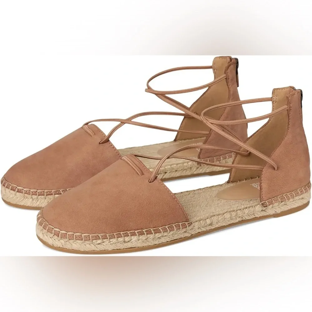 Eileen Fisher Tan Leather Espadrille Flat Elastic Straps Zip Heel Closure SZ 7